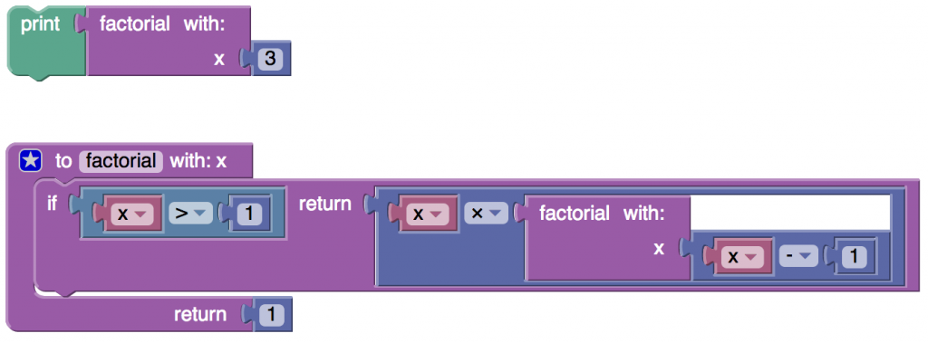 Blockly program to compute a factorial