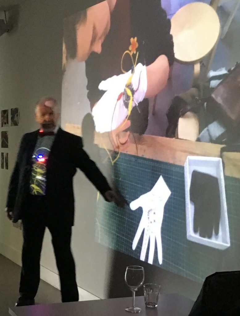Richard explaining Doireann Wallace's musical glove at the Wearable Electronics Workshop exhibition April 26 2017