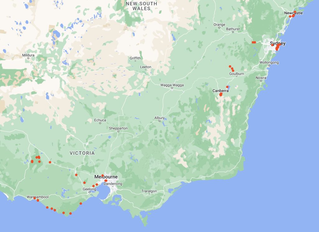 A map of south eastern Australia with places marked that I had visited