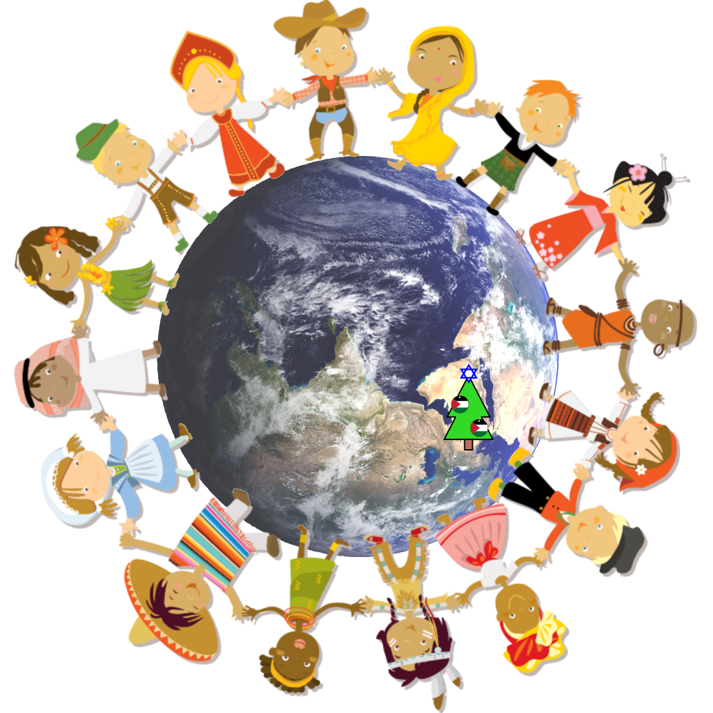 An upside down image of the planet earth surrounded by handholding cartoon characters representing different cultural heritage with in the middle, approximately where the Gaza strip is, a small Christmas tree with a Jewish star of David at the top and baubles coloured like Palestinian flags.